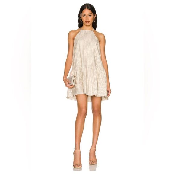 AMANDA UPRICHARD Amy Dress in Valencia Beige White Striped Linen Silver Stripe - Picture 1 of 6